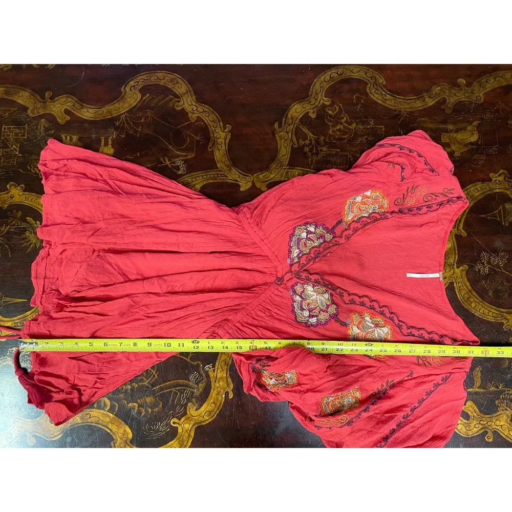Free People Red Cora Dress Embroidered Split Sleeve Mini Fairy Festival Boho‎ XS